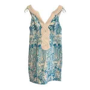 Lilly Pulitzer white and turquoise printed sleeveless dress with braid neck trim